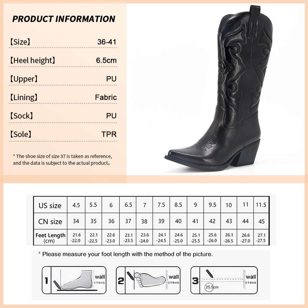 Ladies Long Cowgirl Boots - Embroidered Pointed Toe Western Boots with Chunky Heel