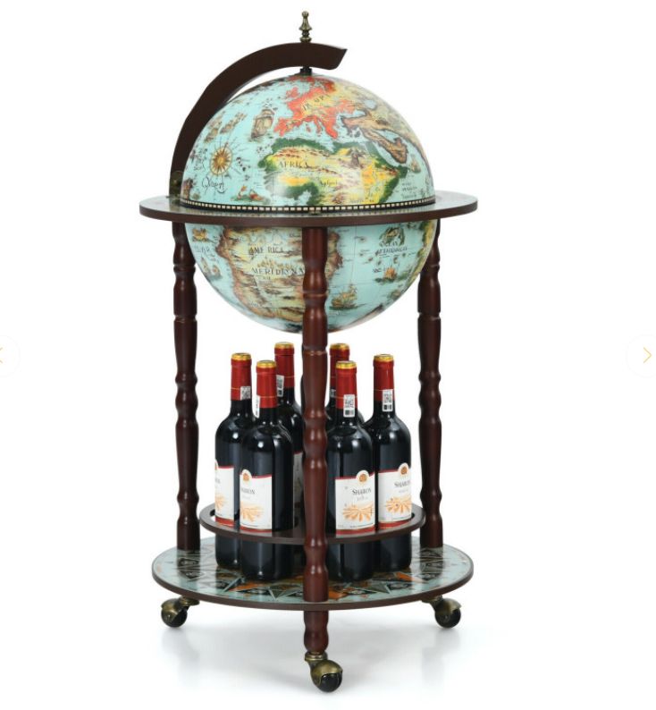 17 Inch Unique Retro Globe Wine Bar - 16th-Century Italian World Map Liquor Bottle Shelf Cart