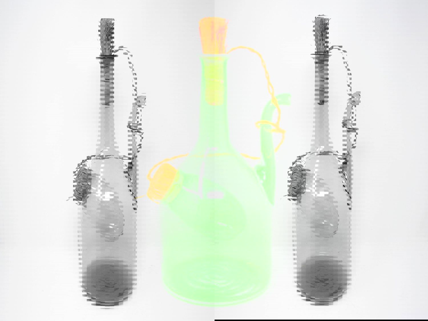 Vintage Italian Green Blown Glass Wine Decanter with Straw Stoppers