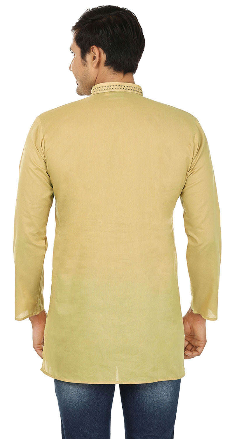 Men's Embroidered Cotton Short Kurta Shirt - Casual Wear (Buff)