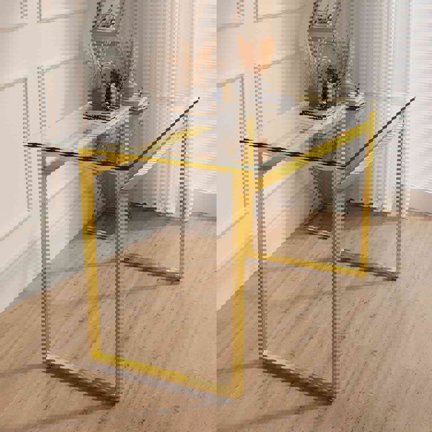 Modern Minimalist Rectangular Glass Dining Table for 4-6 with Tempered Glass Tabletop and Golden Chrome Legs