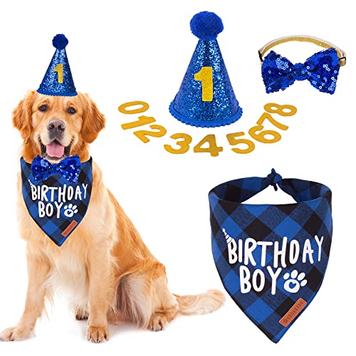 ADOGGYGO Dog Birthday Party Supplies Set - Bandana, Hat & Bowtie for Large/X-Large Dogs (Blue)