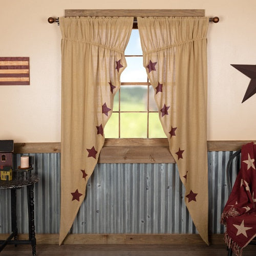 Primitive Burlap with Burgundy Star Prairie Swag Curtains