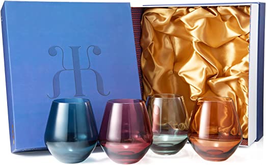 Colored Stemless Crystal Wine Glass Set of 4 - Italian Style Tall Drinkware (Pastel)