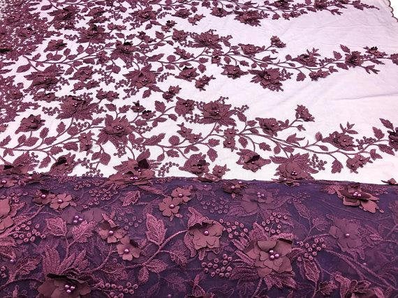 Plum 3D Floral Embroidered Mesh Lace with Beads and Pearls for Dresses and Decor