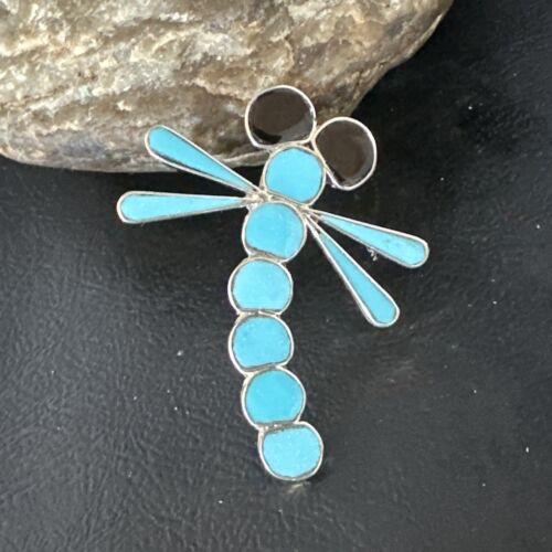 Blue Kingman Turquoise Zuni Sterling Silver Dragonfly Inlay Pin Pendant