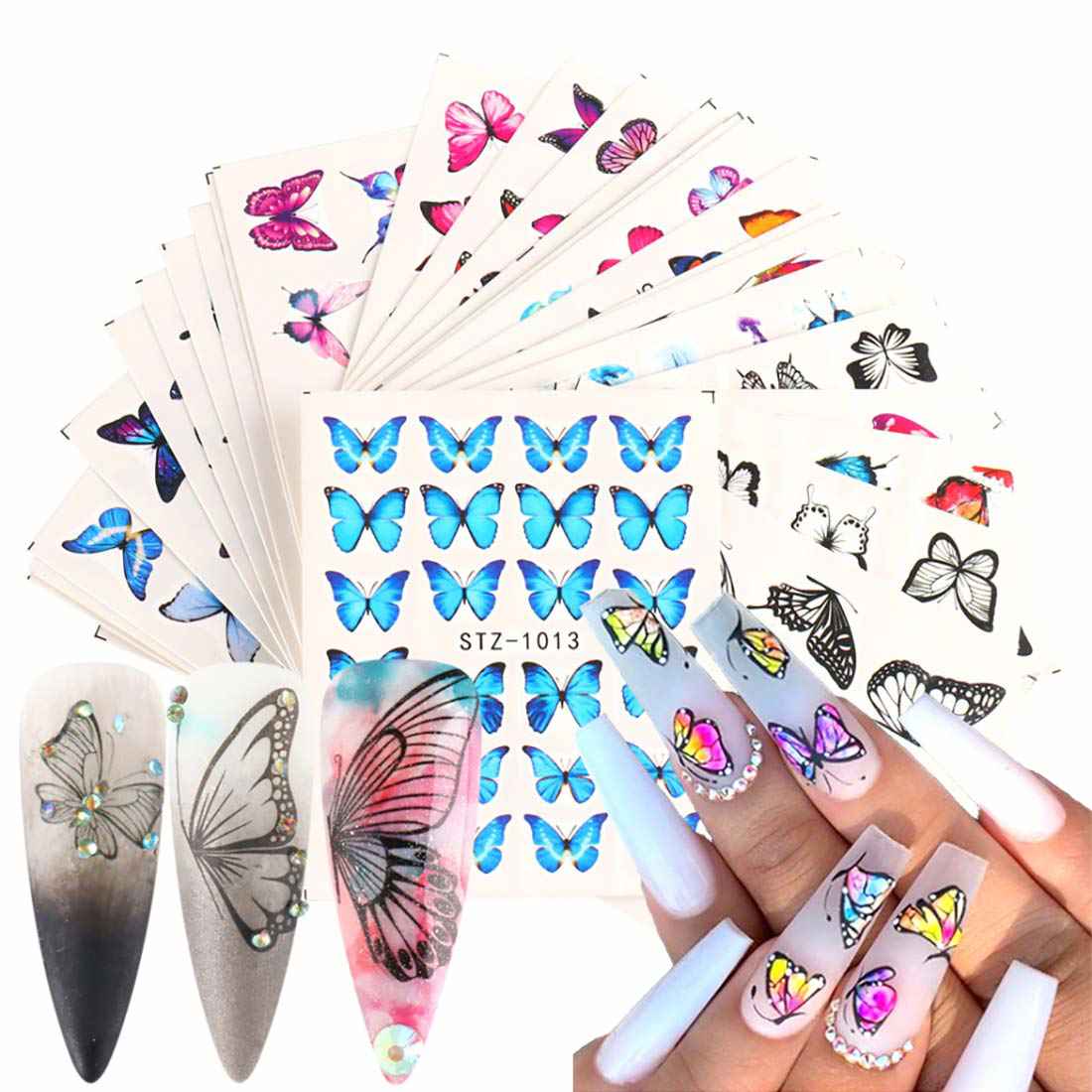 Butterfly Nail Art Stickers - 8 Sheets 3D Laser Design Self-Adhesive Nail Decals for Women