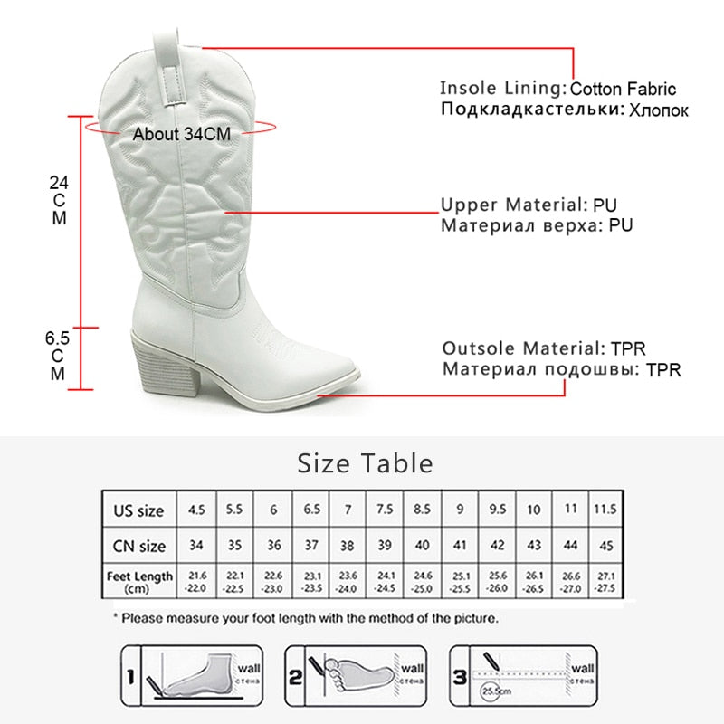 Ladies Long Cowgirl Boots - Embroidered Pointed Toe Western Boots with Chunky Heel