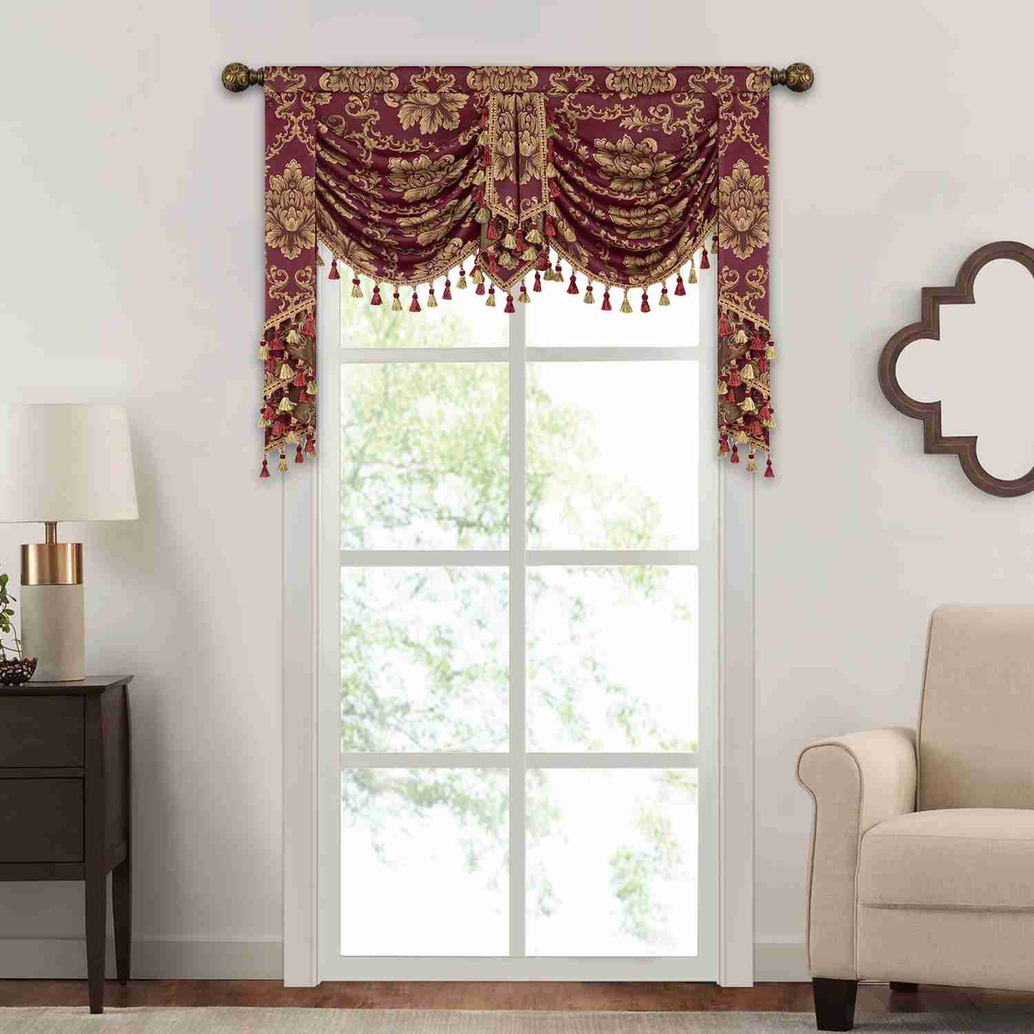 Bordeaux Swag Valance - Classic Woven Pattern Burgundy Window Valance