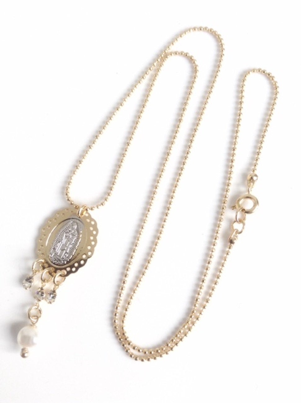 Virgen de Guadalupe Necklace - Gold and Silver Plated Virgin Mary Pendant with Rhinestones and Freshwater Pearl