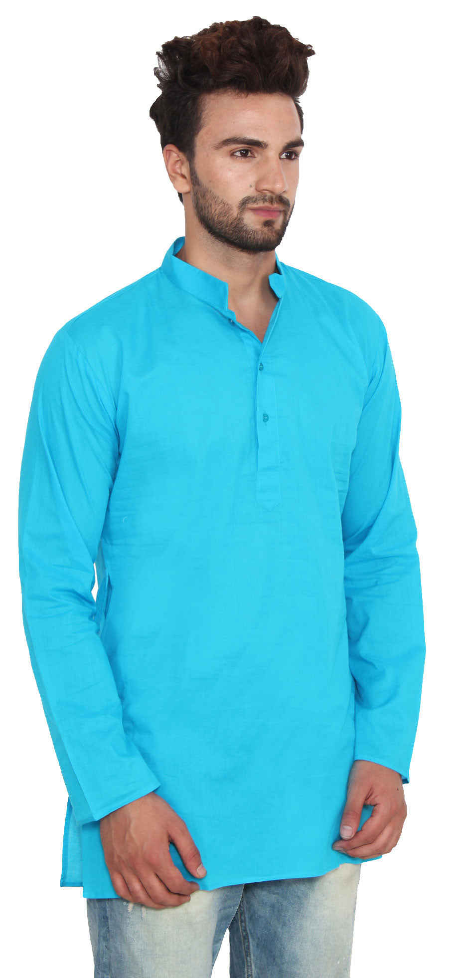 Men's Blue Cotton Short Kurta Shirt - Indian Fashion Clothing
