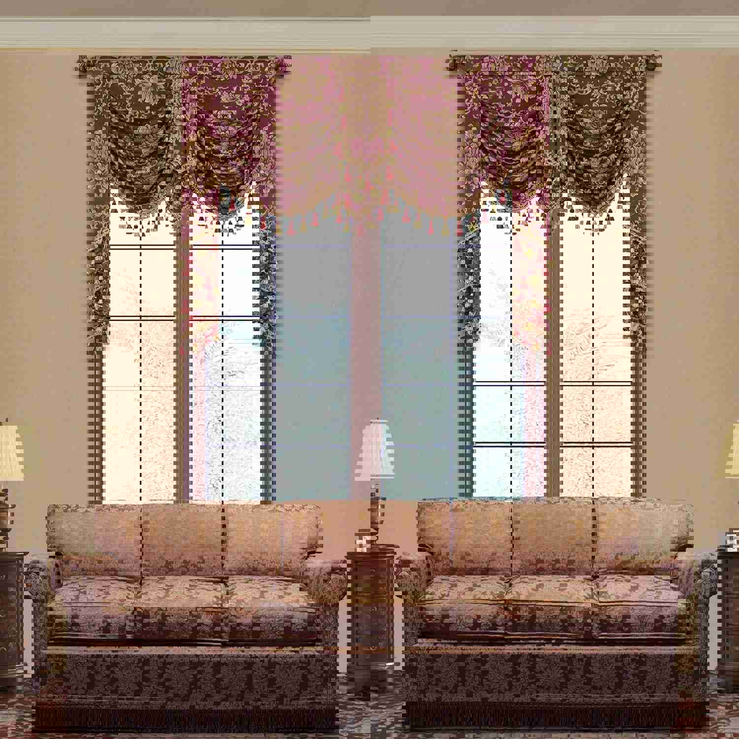 Bordeaux Swag Valance - Classic Woven Pattern Burgundy Window Valance