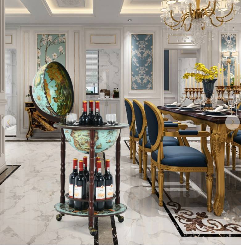 17 Inch Unique Retro Globe Wine Bar - 16th-Century Italian World Map Liquor Bottle Shelf Cart