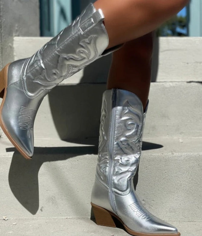 Ladies Long Cowgirl Boots - Embroidered Pointed Toe Western Boots with Chunky Heel