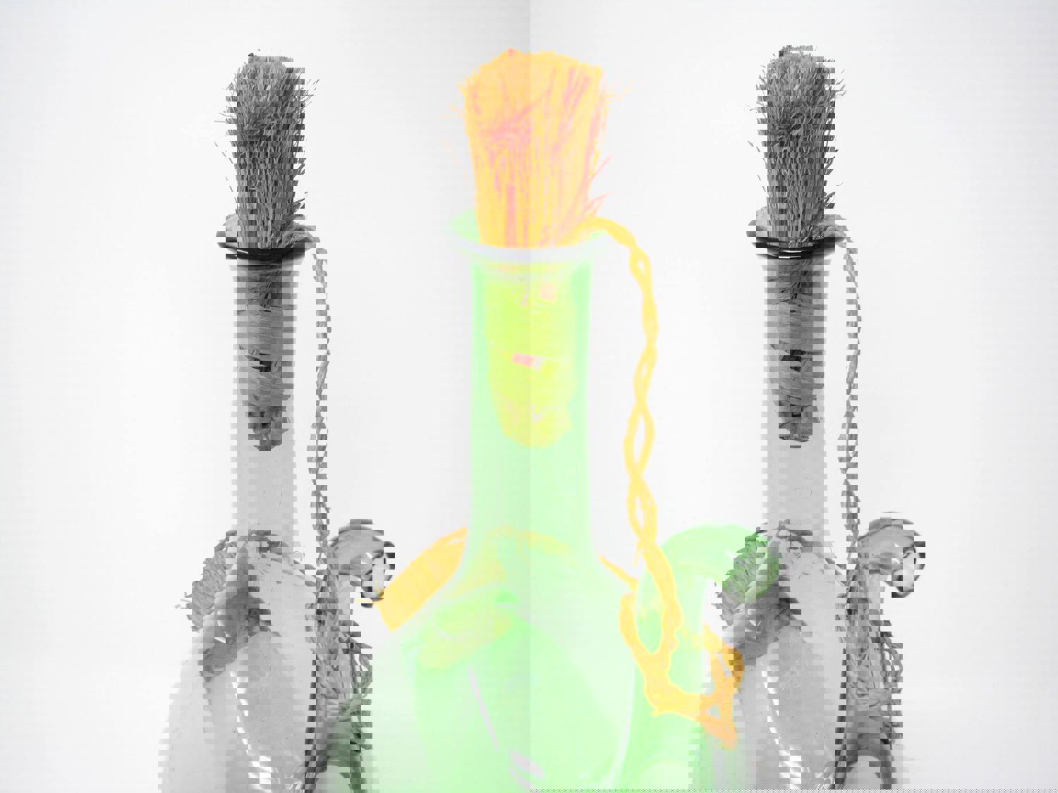 Vintage Italian Green Blown Glass Wine Decanter with Straw Stoppers