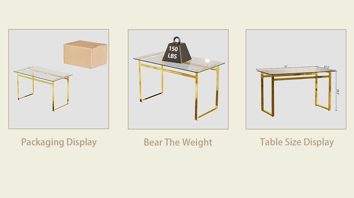 Modern Minimalist Rectangular Glass Dining Table for 4-6 with Tempered Glass Tabletop and Golden Chrome Legs