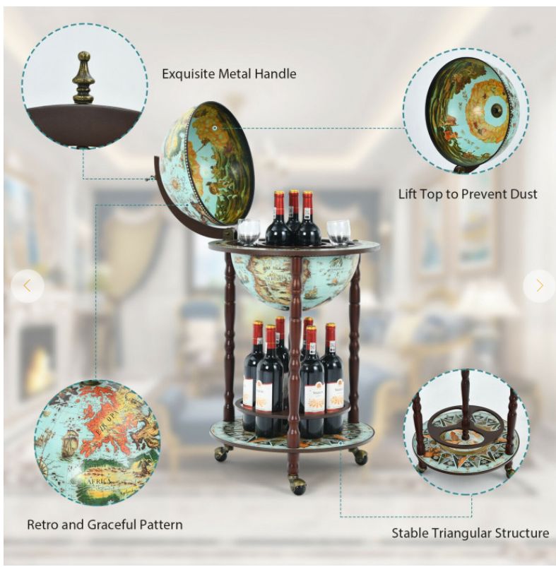 17 Inch Unique Retro Globe Wine Bar - 16th-Century Italian World Map Liquor Bottle Shelf Cart