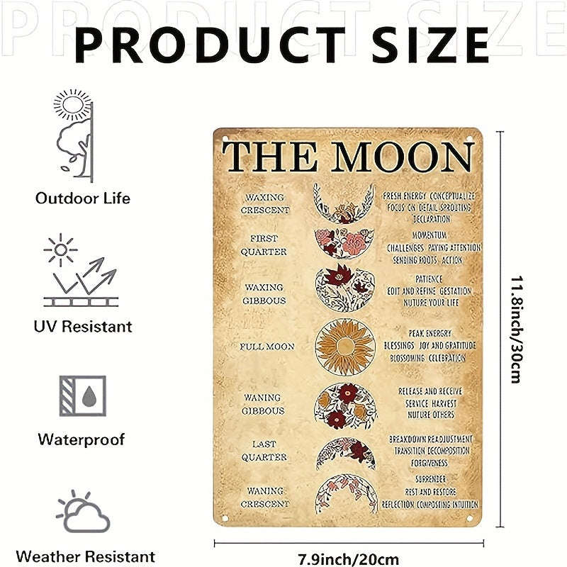1pc Retro Tin Metal Sign Moon Phases Meanings Witchery - Home Office Restaurant Garage Bar Wall Decor Gift 8x12 Inch