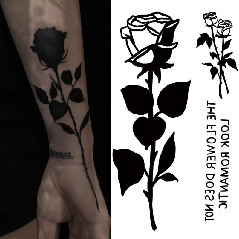 Qfdian Black Rose Temporary Tattoo Sticker - Realistic Fake Tattoo for Parties & Festivals