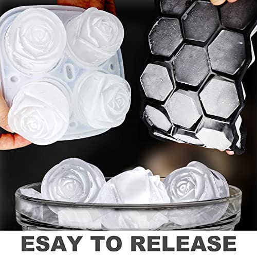 KooMall 3D Rose Ice Molds - 2.5 Inch Large Silicone Ice Cube Trays for Cocktails, Juice, Whiskey