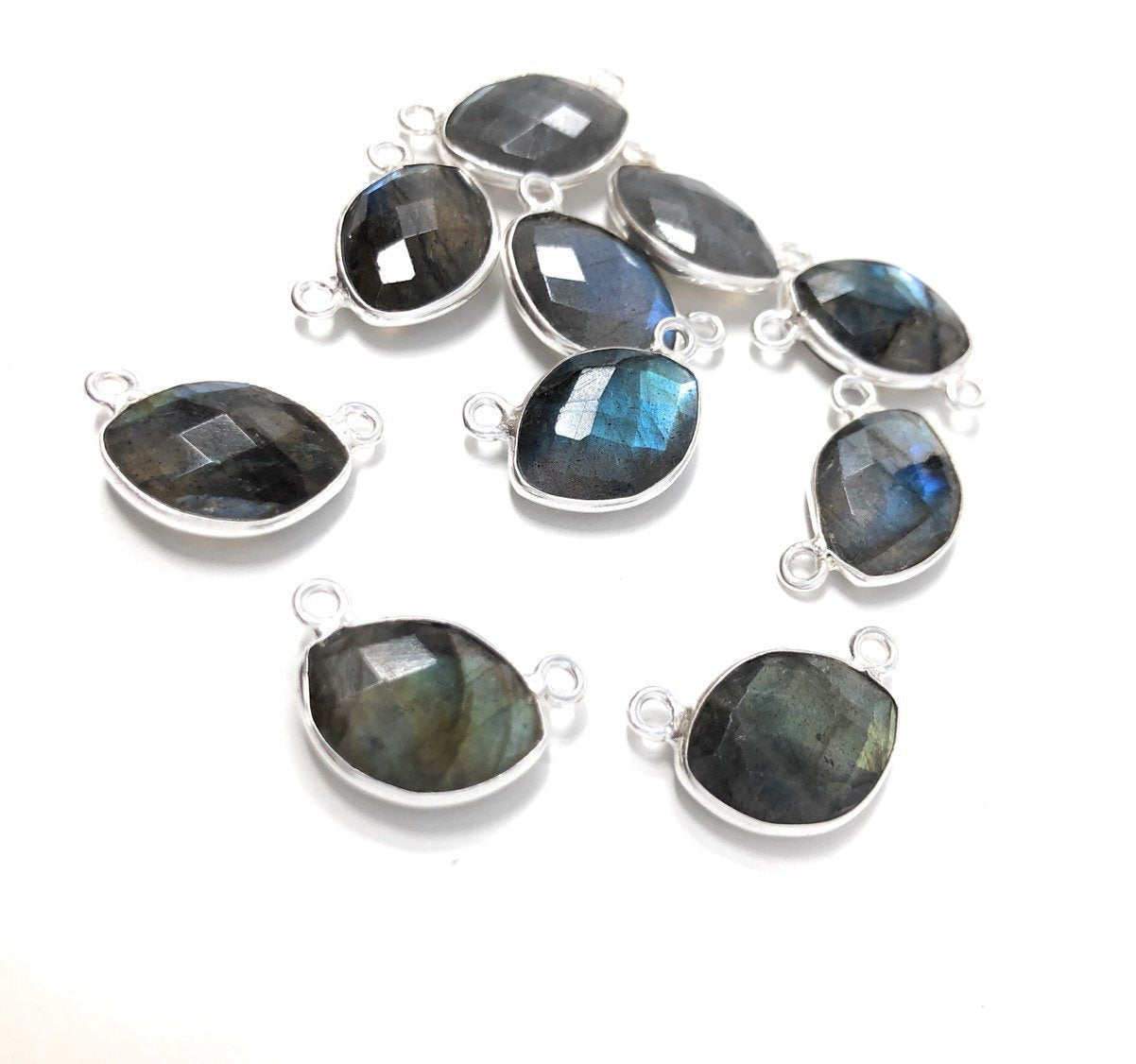 10 Pcs Labradorite Gemstone Connector, Sterling Silver Connector Charms for DIY Jewelry Making, 15x9.5mm