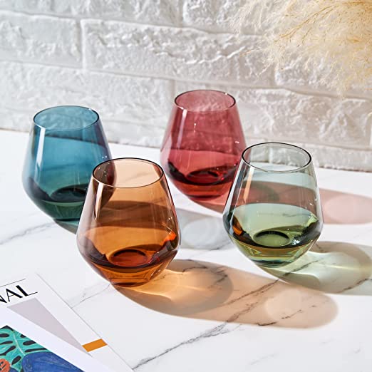 Colored Stemless Crystal Wine Glass Set of 4 - Italian Style Tall Drinkware (Pastel)