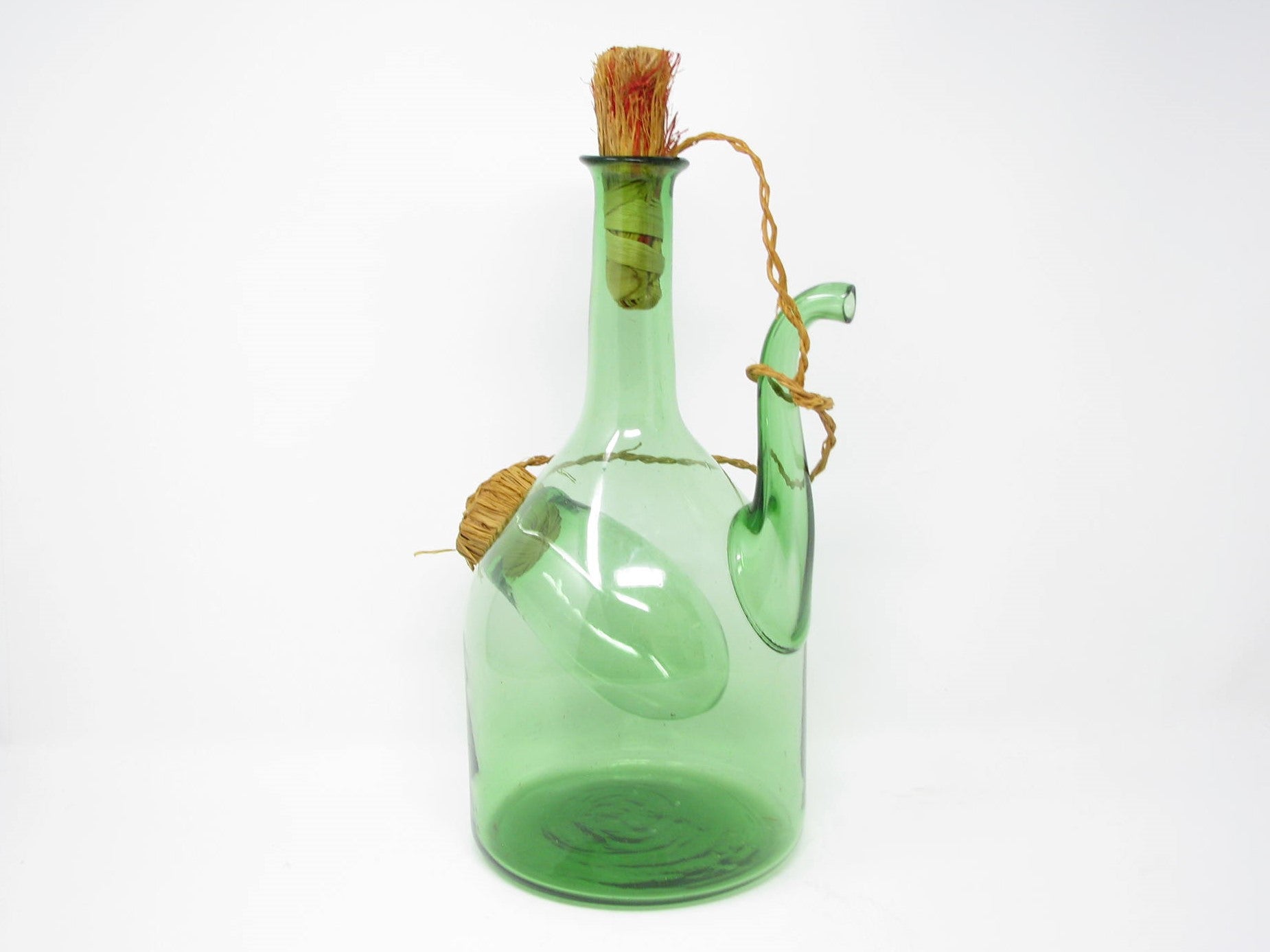 Vintage Italian Green Blown Glass Wine Decanter with Straw Stoppers