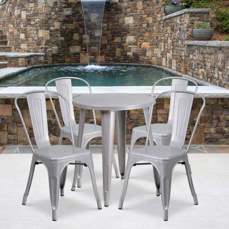 CH-51080TH-4-18CAFE Flash Furniture Chauncey Commercial Grade 24 Round Silver Metal Indoor-Outdoor Table Set with 4 Cafe Chairs