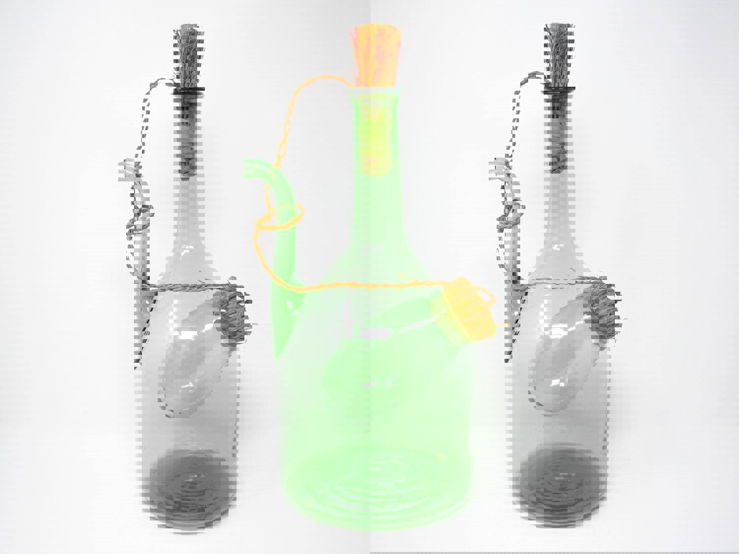 Vintage Italian Green Blown Glass Wine Decanter with Straw Stoppers