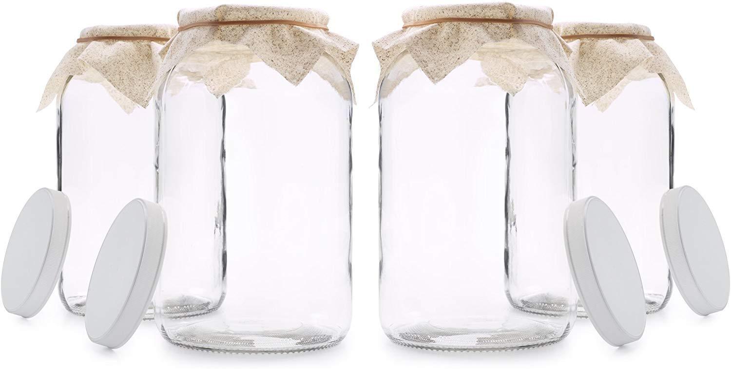 4 Pack - 1 Gallon Glass Jar with Plastic Airtight Lid, Muslin Cloth, Rubber Band - Wide Mouth Easy Clean - BPA Free & Dishwasher Safe