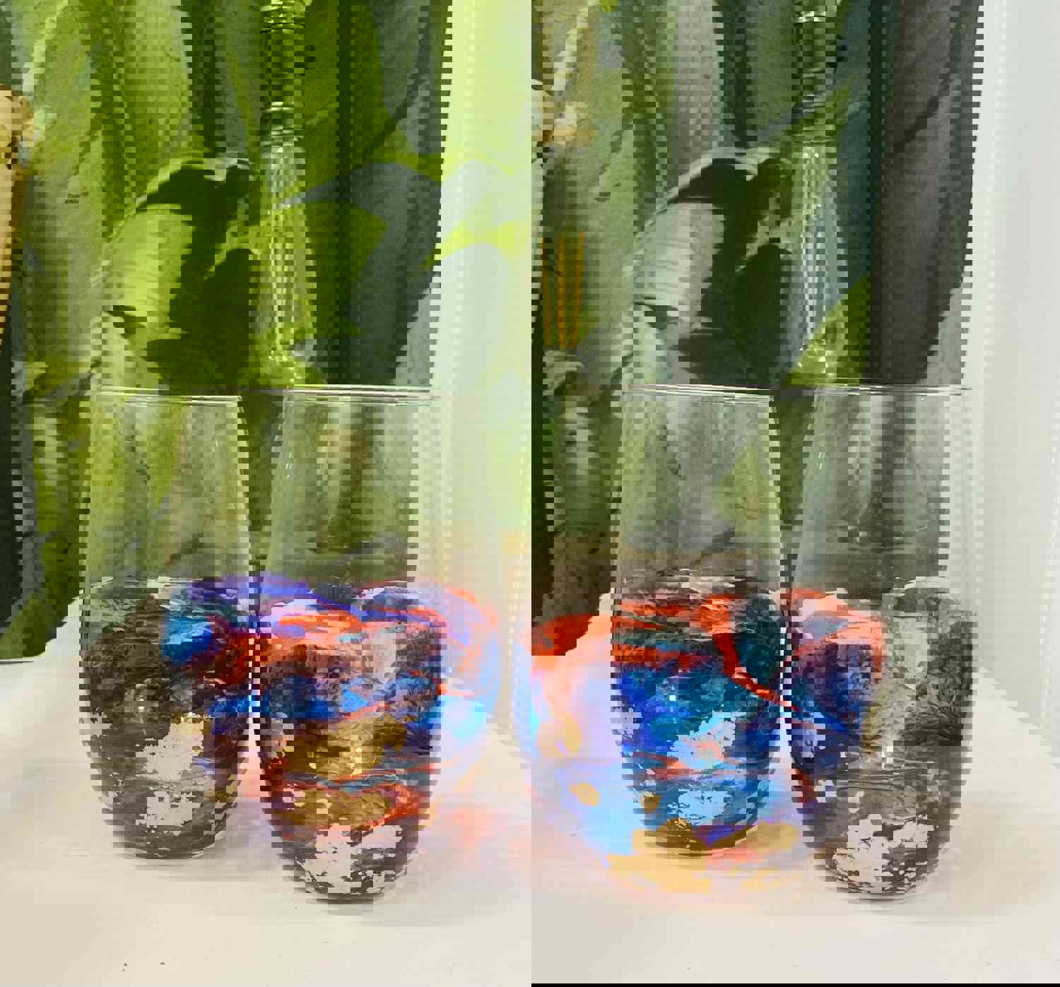 Soleil Bris 20oz. Half Clear Blue with Red and Gold Hand Made Stemless Wine Glass Set of 2