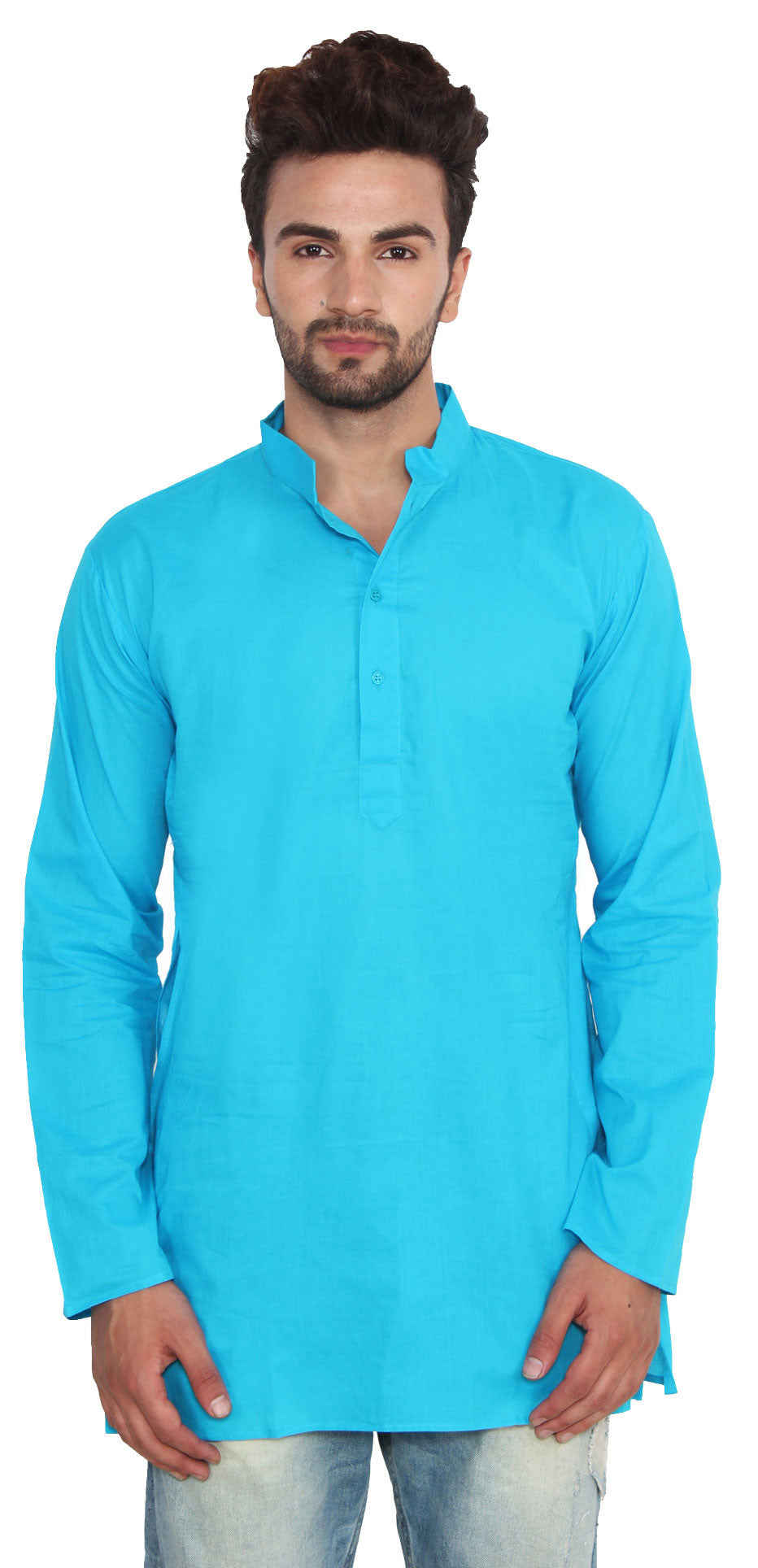 Men's Blue Cotton Short Kurta Shirt - Indian Fashion Clothing