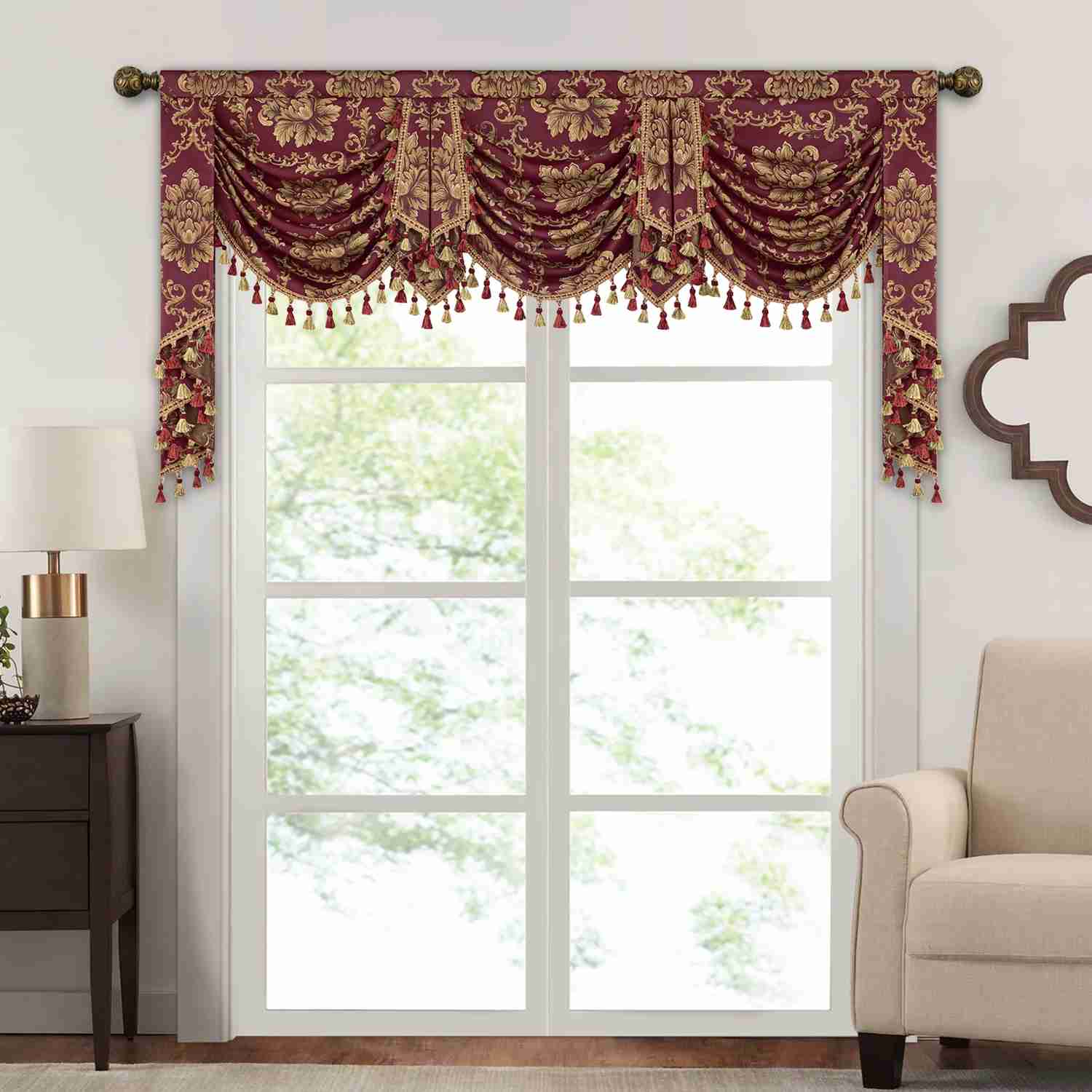 Bordeaux Swag Valance - Classic Woven Pattern Burgundy Window Valance