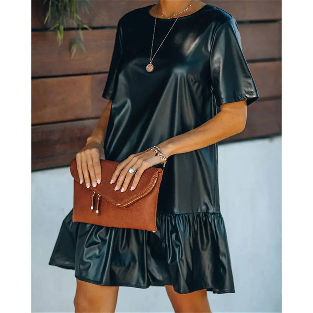 Black Faux PU Leather Short Sleeve Mini Dress for Women