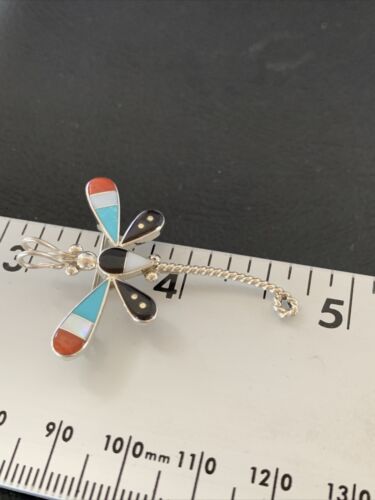 Handmade Zuni Turquoise MOP Inlay Dragonfly Sterling Silver Necklace Pendant