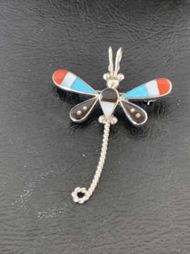 Handmade Zuni Turquoise MOP Inlay Dragonfly Sterling Silver Necklace Pendant