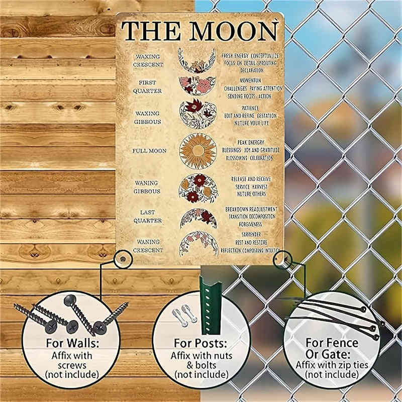 1pc Retro Tin Metal Sign Moon Phases Meanings Witchery - Home Office Restaurant Garage Bar Wall Decor Gift 8x12 Inch