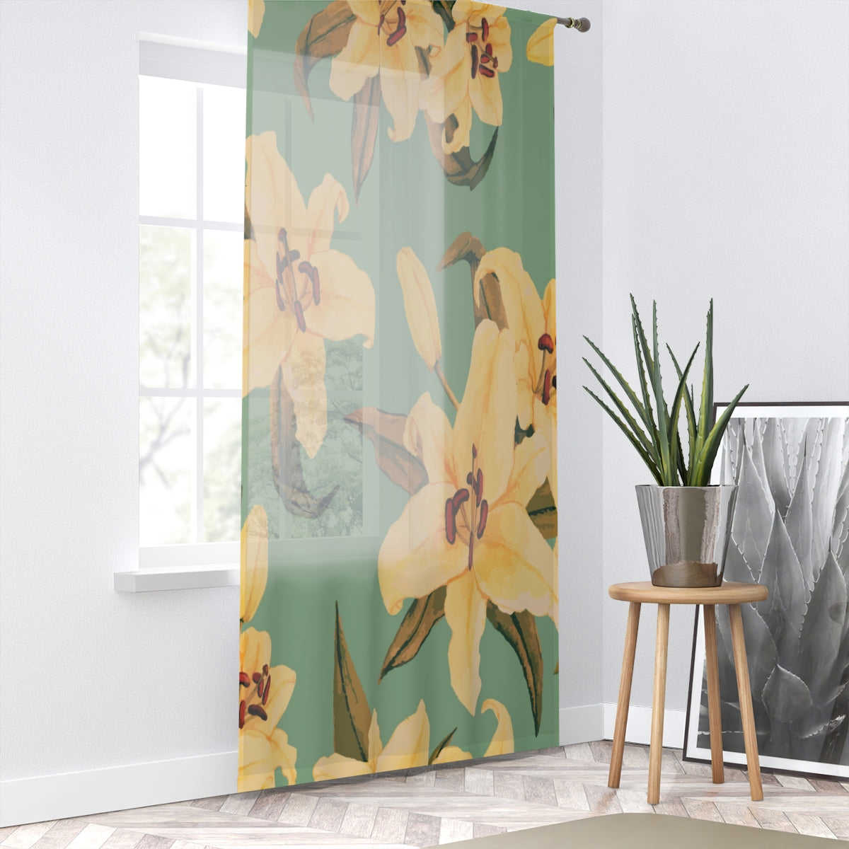 WHITE LILY & BLUE - SHEER Window Curtain