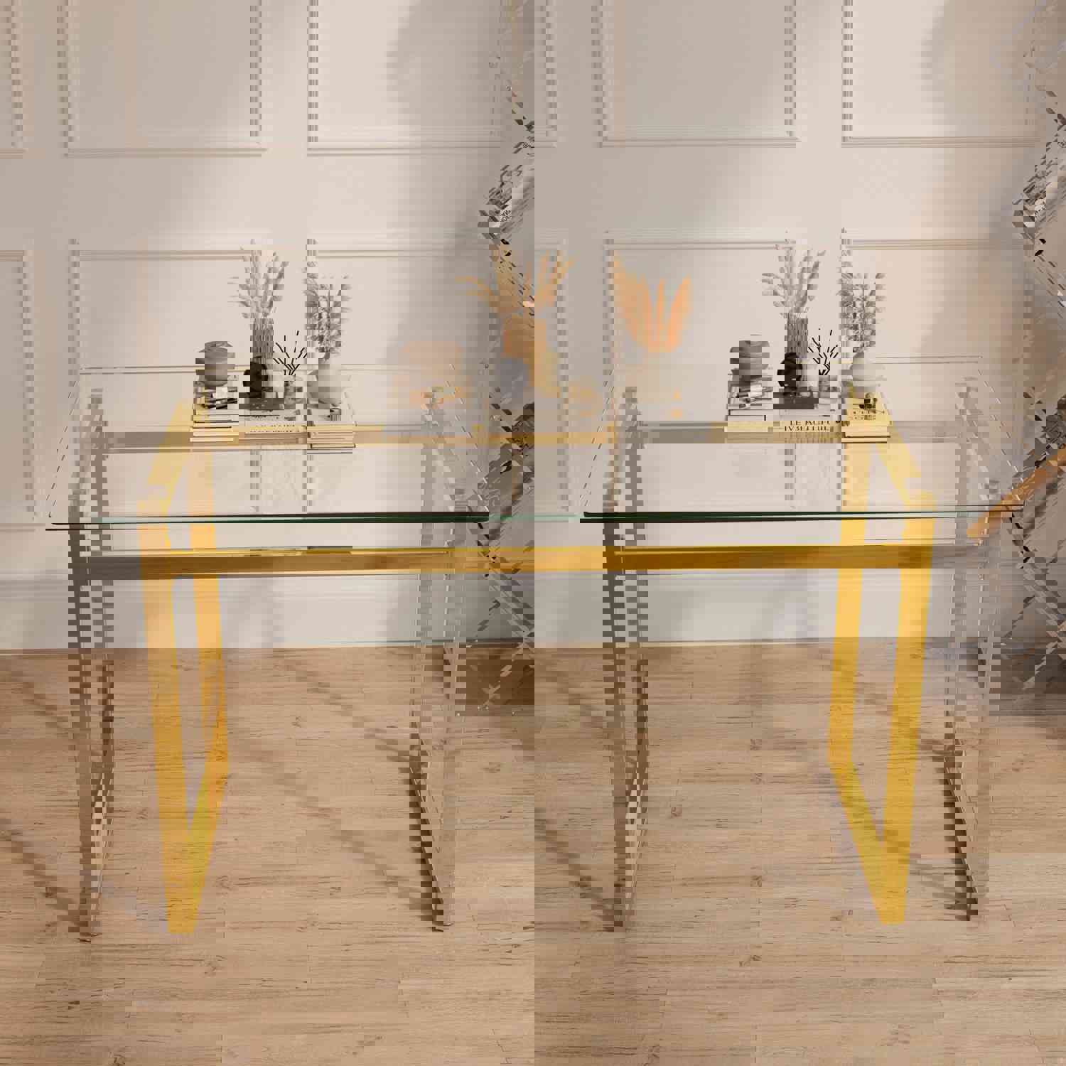 Modern Minimalist Rectangular Glass Dining Table for 4-6 with Tempered Glass Tabletop and Golden Chrome Legs