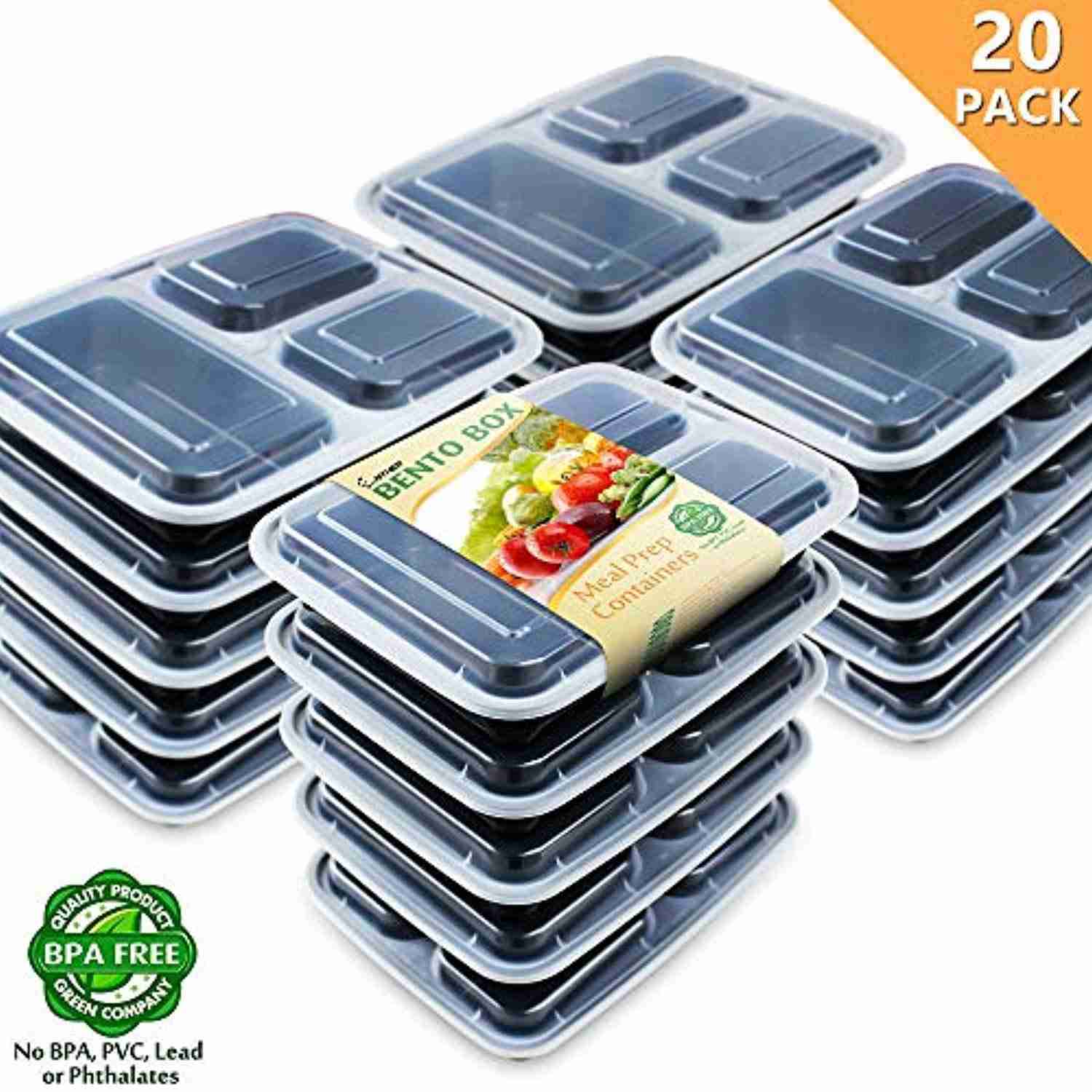 Enther 20 Pack 3 Compartment Meal Prep Containers with Lids - BPA Free, Reusable Lunch Box