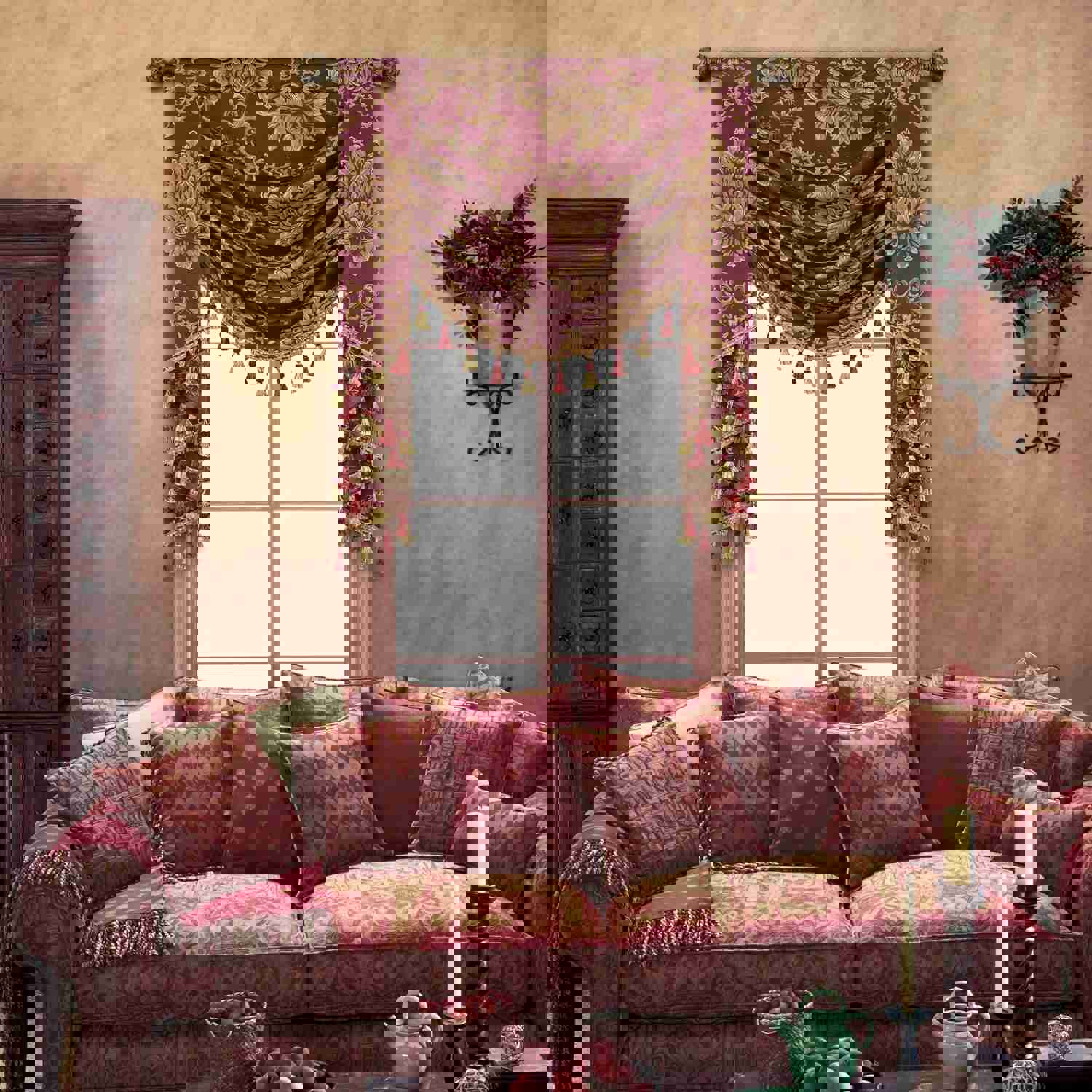 Bordeaux Swag Valance - Classic Woven Pattern Burgundy Window Valance