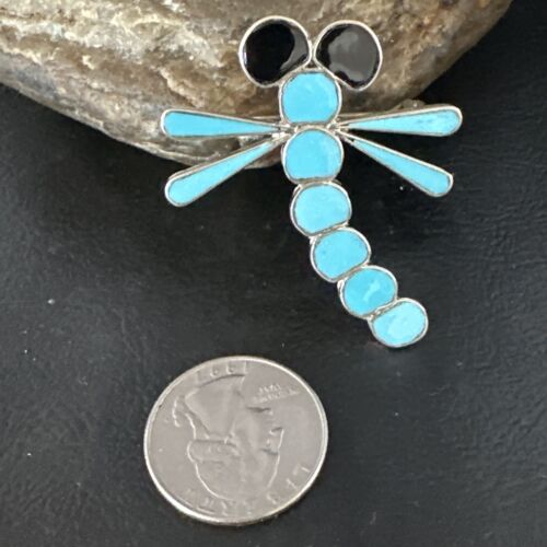 Blue Kingman Turquoise Zuni Sterling Silver Dragonfly Inlay Pin Pendant