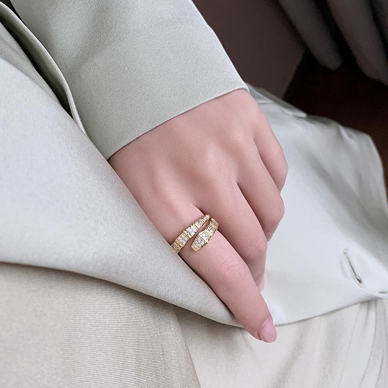 Exquisite Copper Inlaid Zircon Bamboo Snake Ring for Women - Adjustable Prom Party Ring