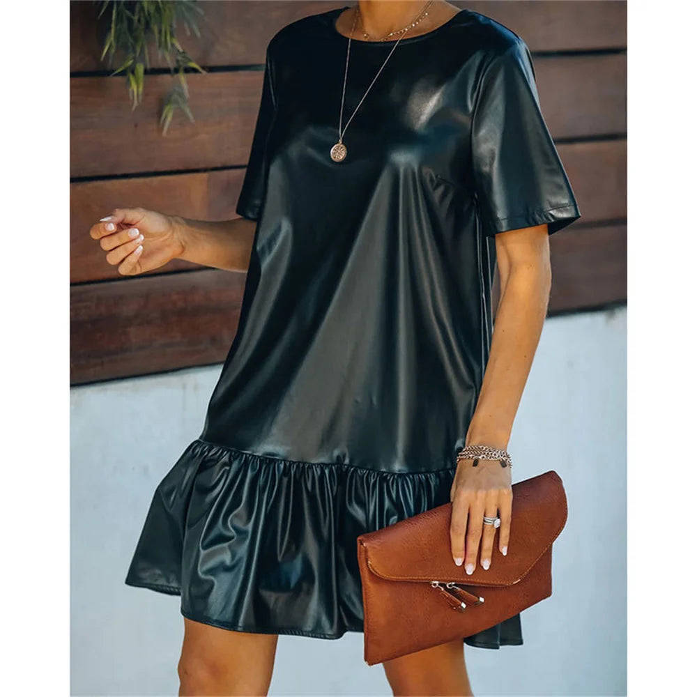 Black Faux PU Leather Short Sleeve Mini Dress for Women