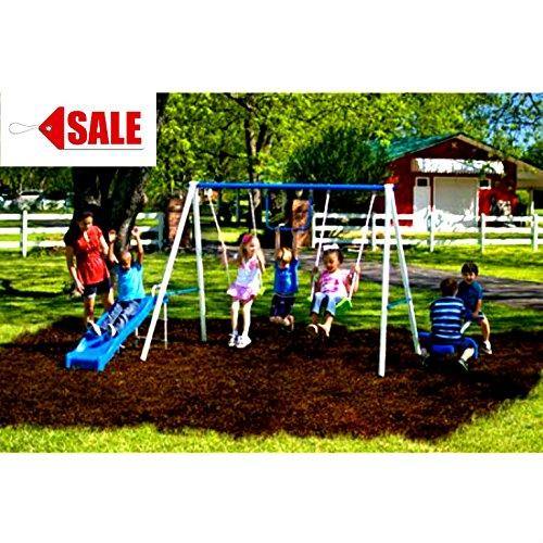 Metal Swing Set With Slide, Trapeze, and Seesaw for Kids Outdoor Play