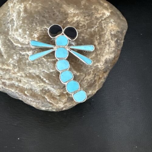 Blue Kingman Turquoise Zuni Sterling Silver Dragonfly Inlay Pin Pendant