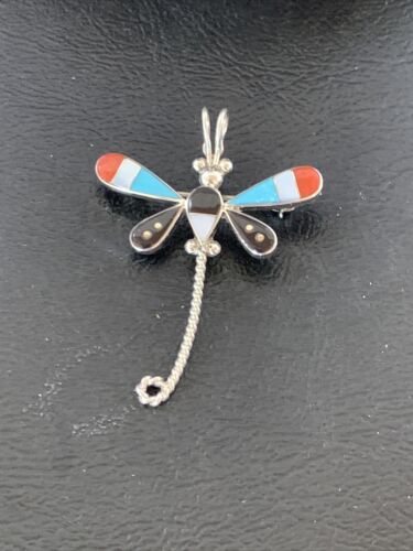 Handmade Zuni Turquoise MOP Inlay Dragonfly Sterling Silver Necklace Pendant