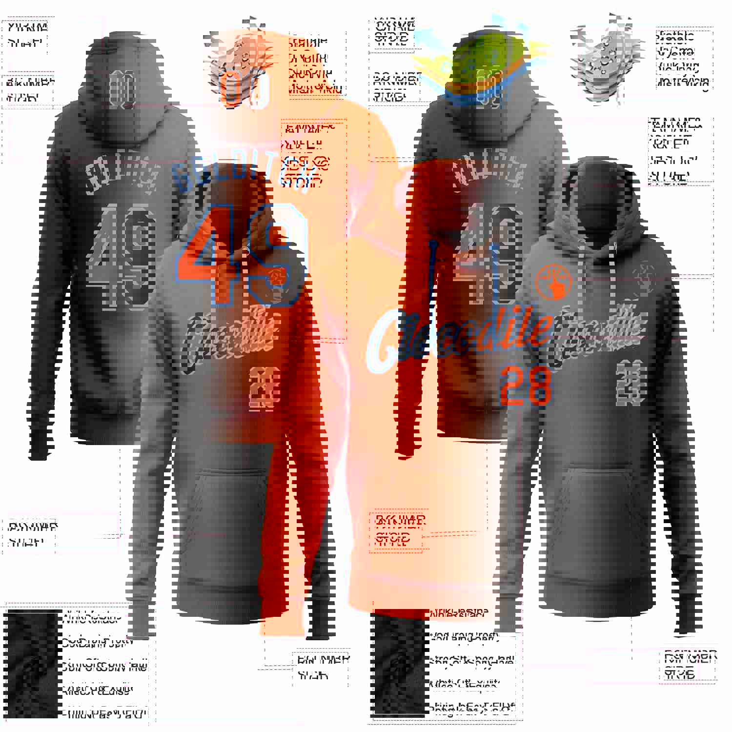 Custom Stitched Black Orange-Light Blue Gradient Fashion Sports Pullover Sweatshirt Hoodie