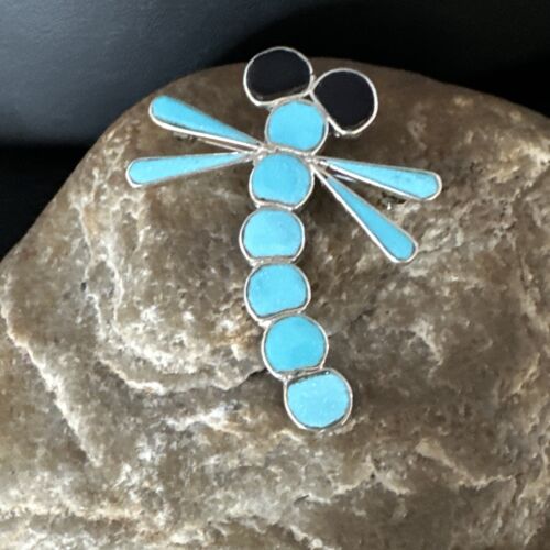 Blue Kingman Turquoise Zuni Sterling Silver Dragonfly Inlay Pin Pendant