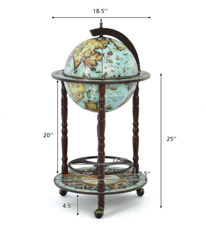 17 Inch Unique Retro Globe Wine Bar - 16th-Century Italian World Map Liquor Bottle Shelf Cart
